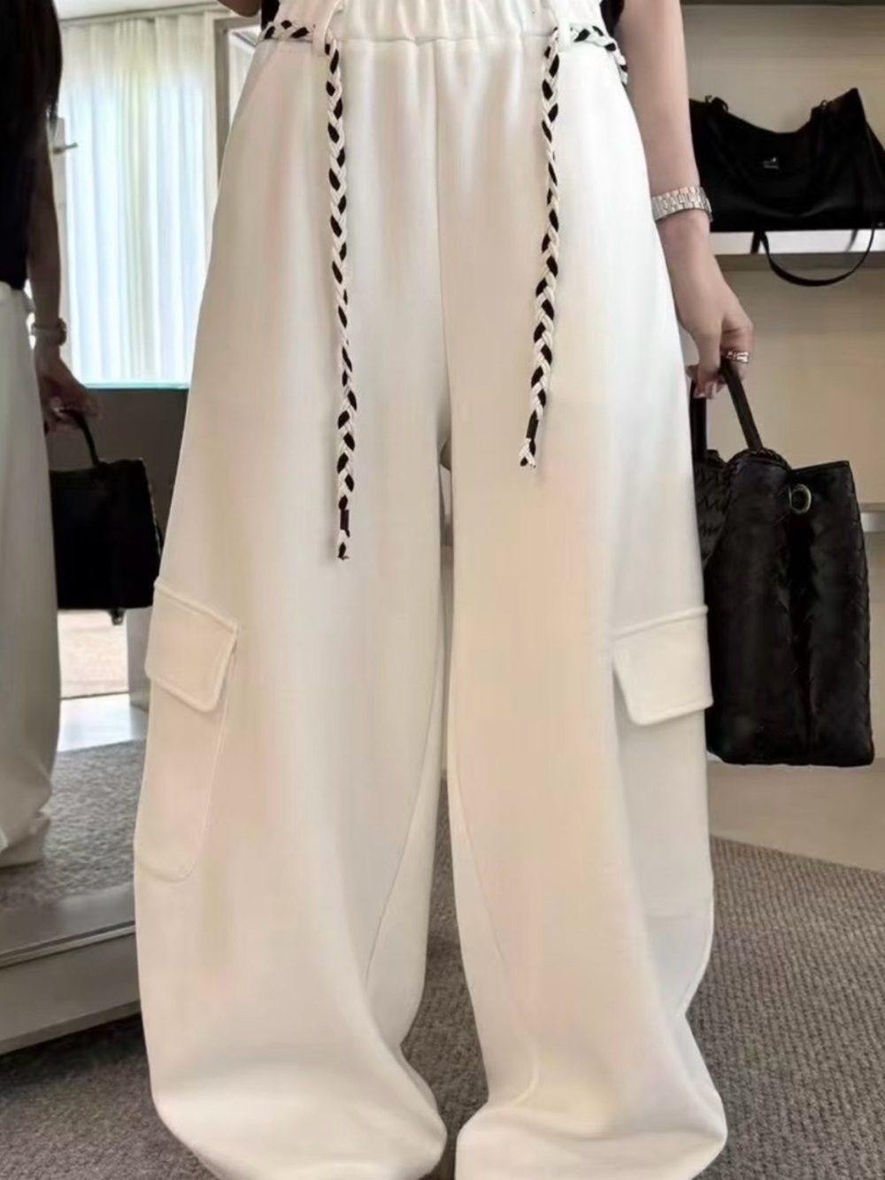 Women's White Wide-Leg Cargo Jumpsuit Pants with Drawstring Waist